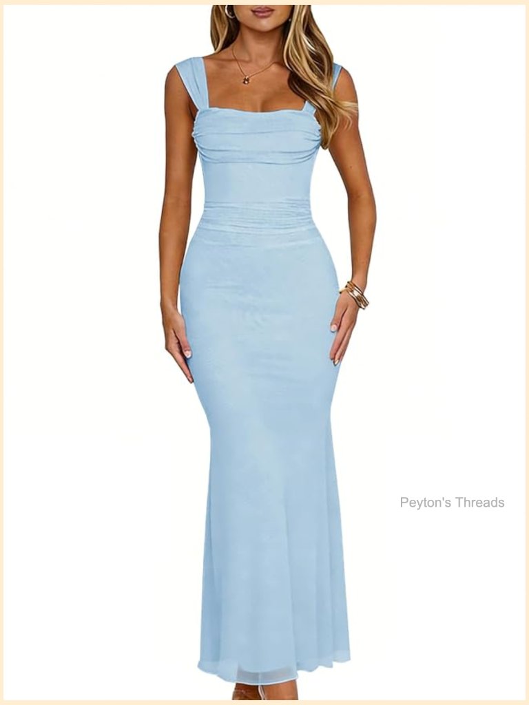 Sleeveless Square Neck Mesh Backless Maxi Dress Bodycon Long Cocktail Party